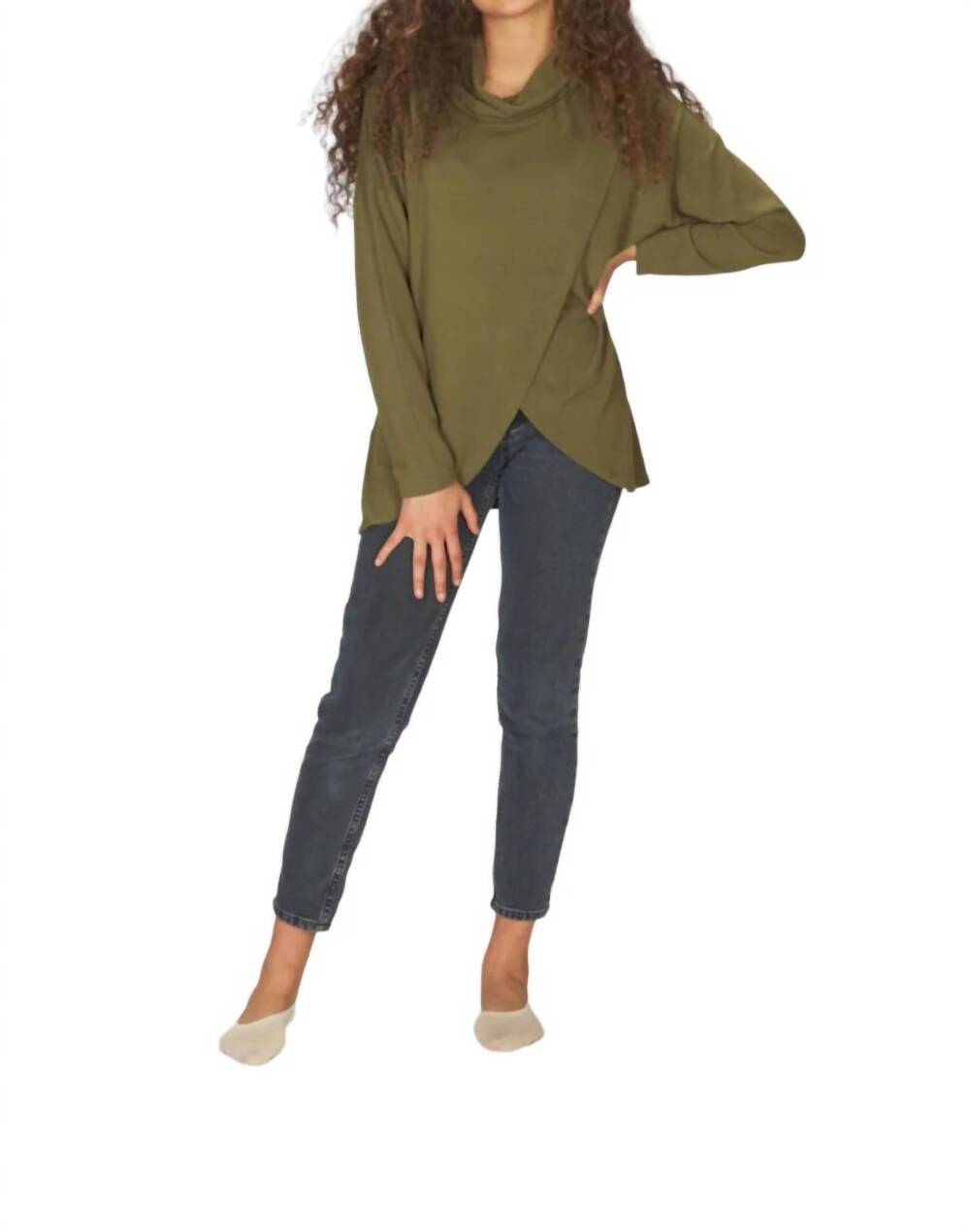 NEW PAPILLON cowl neck crossover front sweater in olive